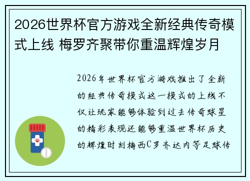 2026世界杯官方游戏全新经典传奇模式上线 梅罗齐聚带你重温辉煌岁月 2026世界杯官方游戏全新经典传奇模式上线 梅罗齐聚带你重温辉煌岁月